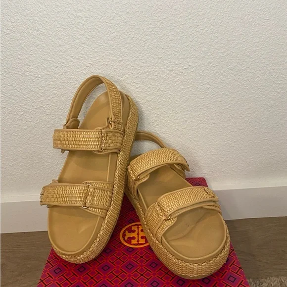 Tori Burch Tan Platform Raffia Sandals with Adjustable Straps - Picture 2 of 4